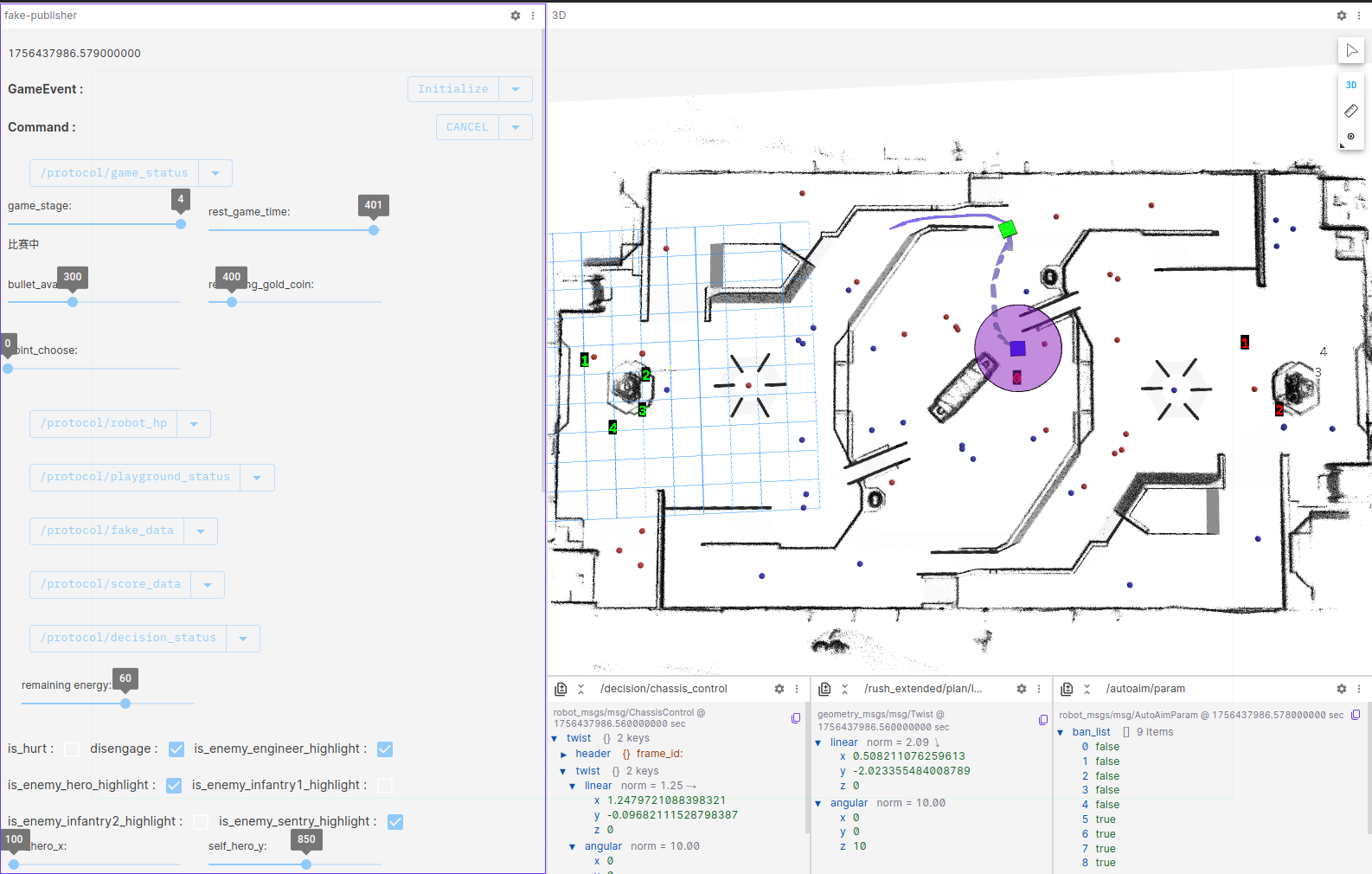 Foxglove debug panel with injected match state